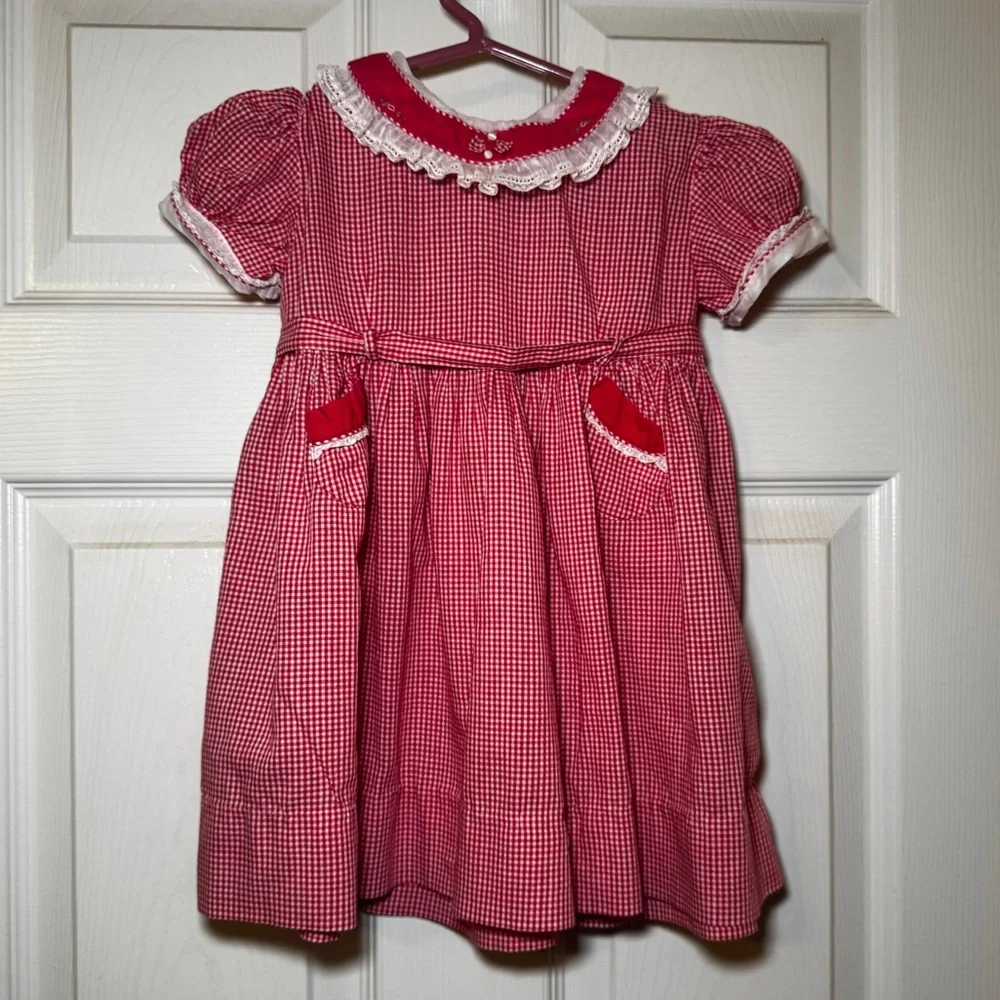 Vintage 1950s Mastro Red Gingham Girls Dress with Lace & Organza Trim